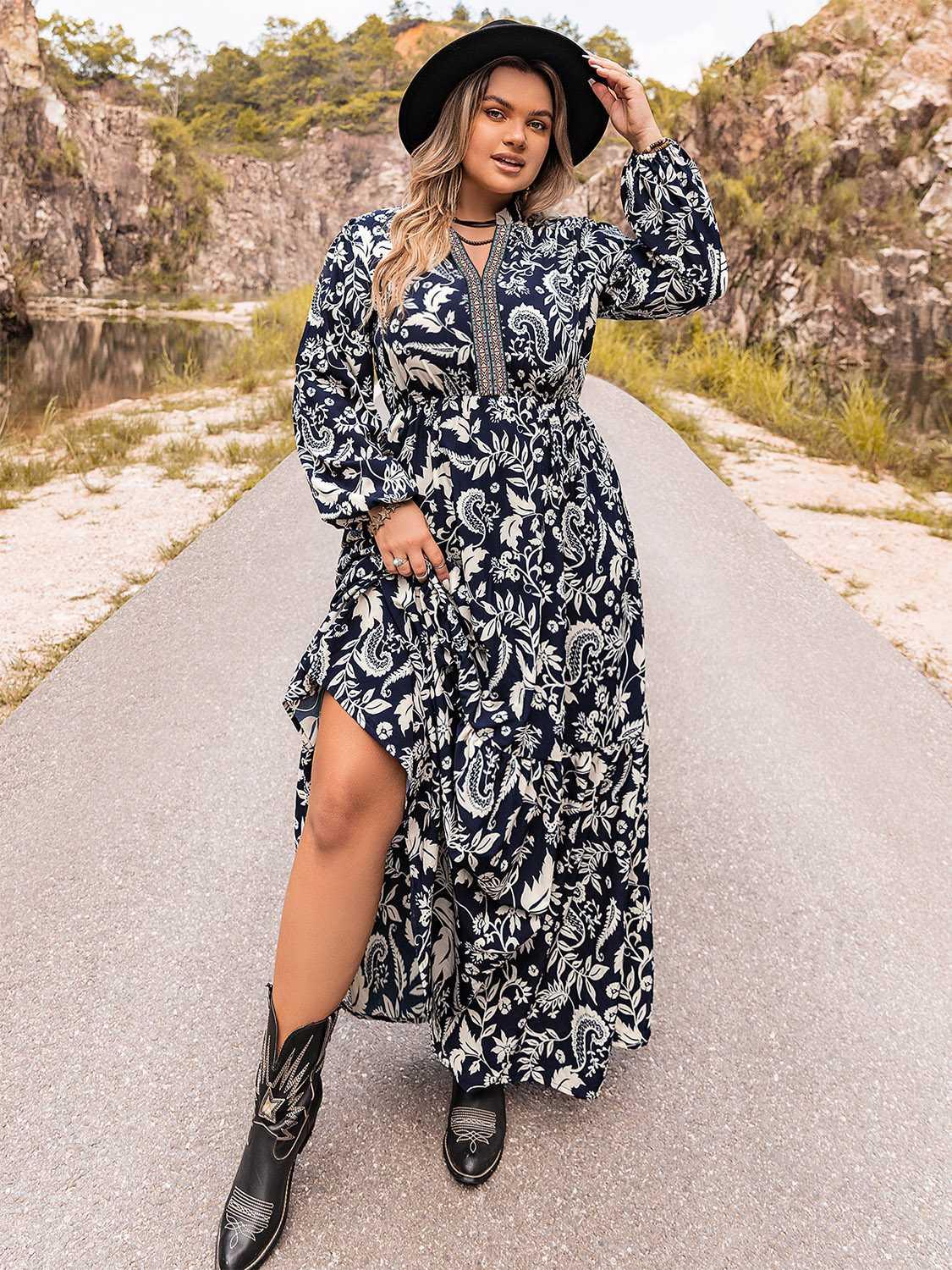 Plus Size Long Sleeve Maxi Dress - VILLA FASHION