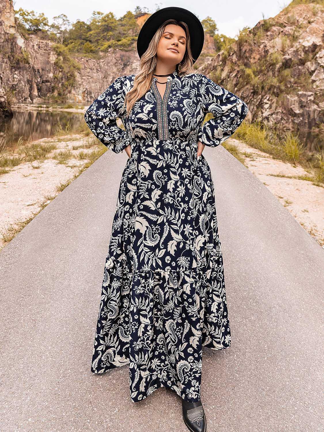 Plus Size Long Sleeve Maxi Dress - VILLA FASHION