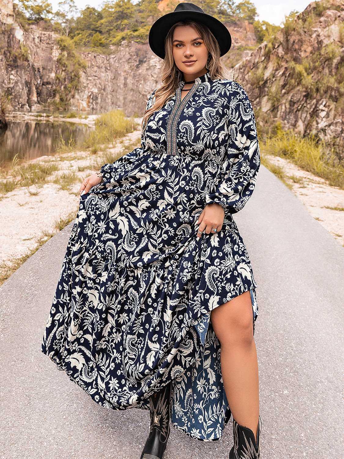 Plus Size Long Sleeve Maxi Dress - VILLA FASHION