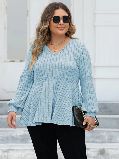 Plus Size Ribbed V - Neck Long Sleeve Blouse - VILLA FASHION