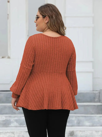 Plus Size Ribbed V - Neck Long Sleeve Blouse - VILLA FASHION