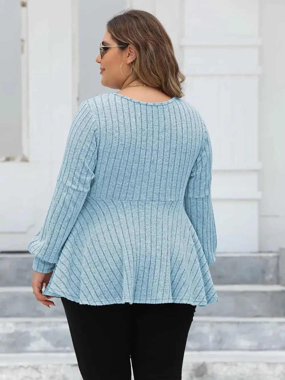 Plus Size Ribbed V - Neck Long Sleeve Blouse - VILLA FASHION
