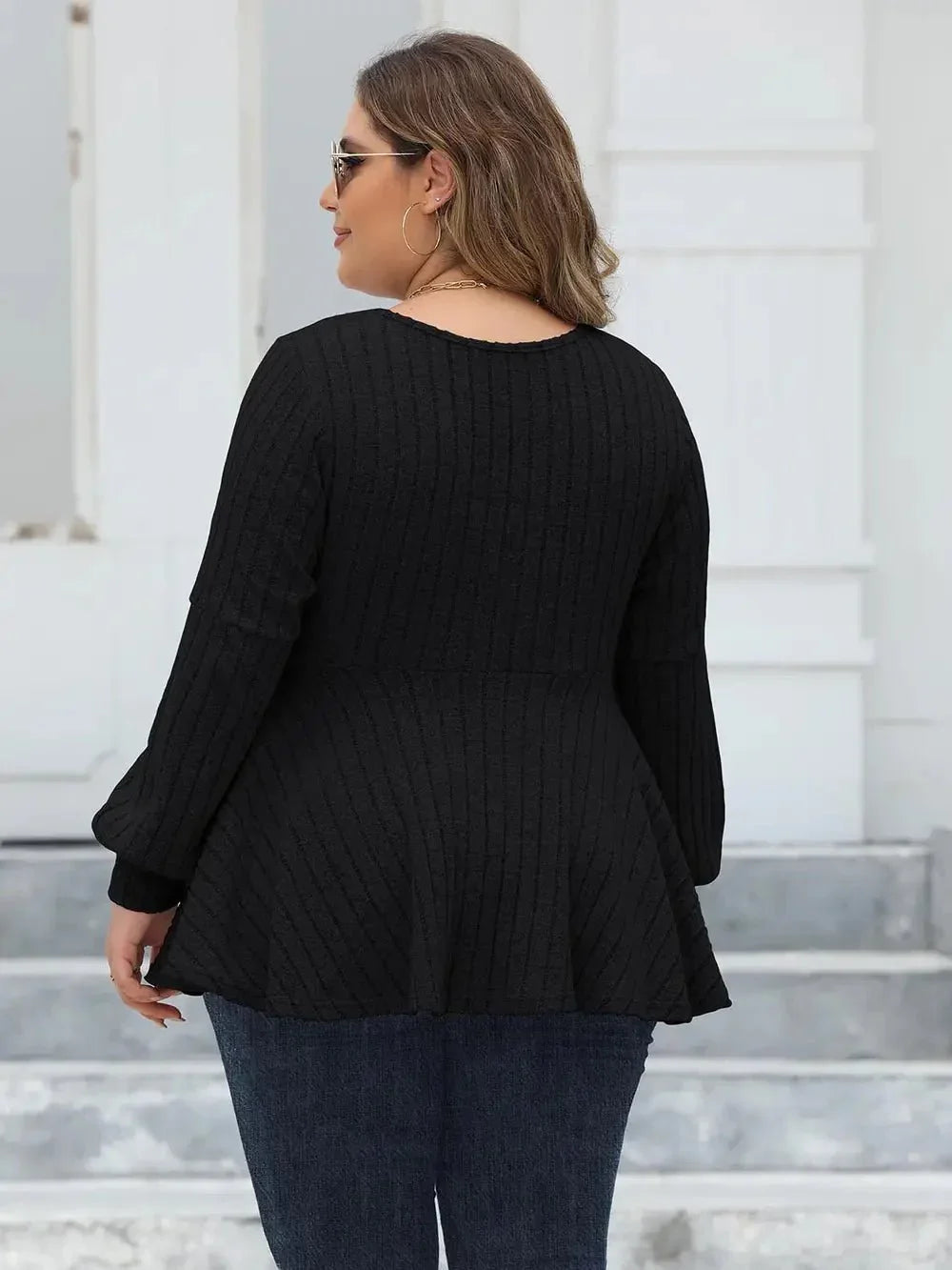 Plus Size Ribbed V - Neck Long Sleeve Blouse - VILLA FASHION