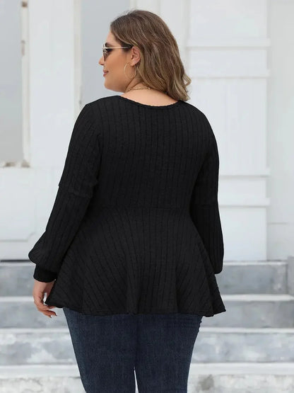 Plus Size Ribbed V - Neck Long Sleeve Blouse - VILLA FASHION