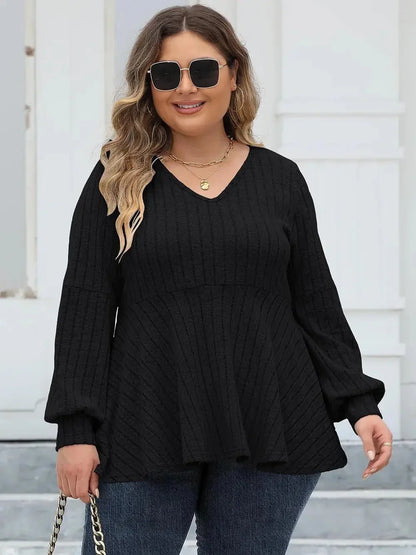 Plus Size Ribbed V - Neck Long Sleeve Blouse - VILLA FASHION