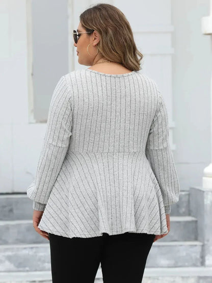 Plus Size Ribbed V - Neck Long Sleeve Blouse - VILLA FASHION