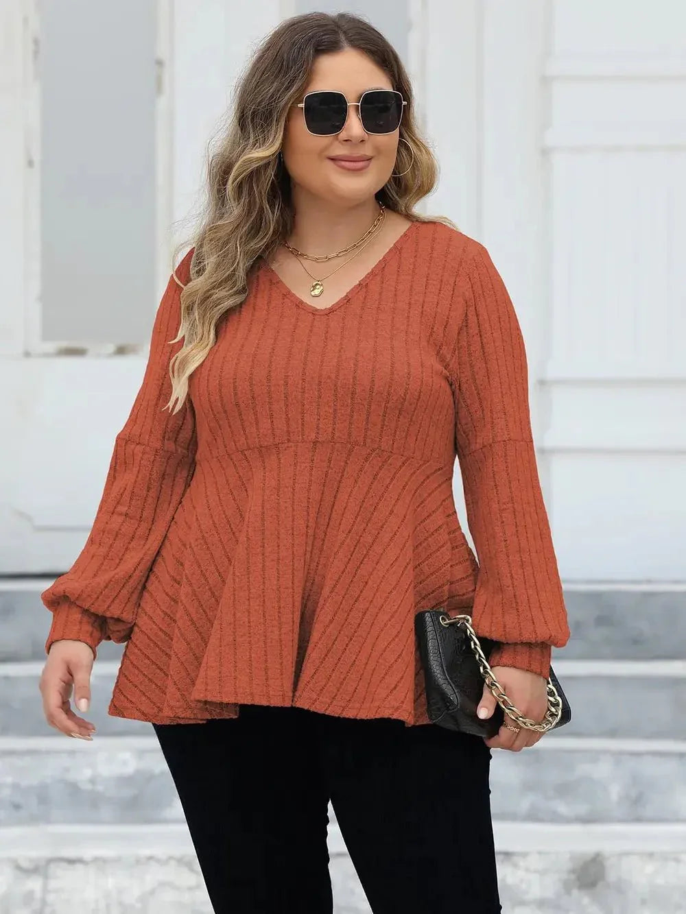 Plus Size Ribbed V - Neck Long Sleeve Blouse - VILLA FASHION