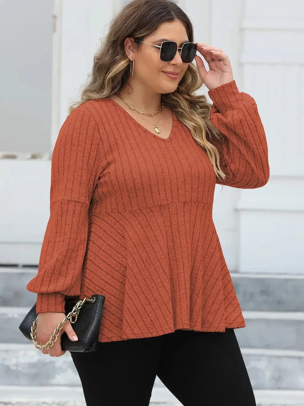 Plus Size Ribbed V - Neck Long Sleeve Blouse - VILLA FASHION