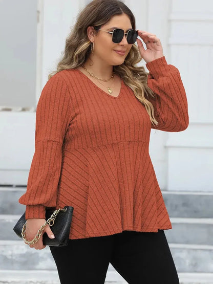Plus Size Ribbed V - Neck Long Sleeve Blouse - VILLA FASHION