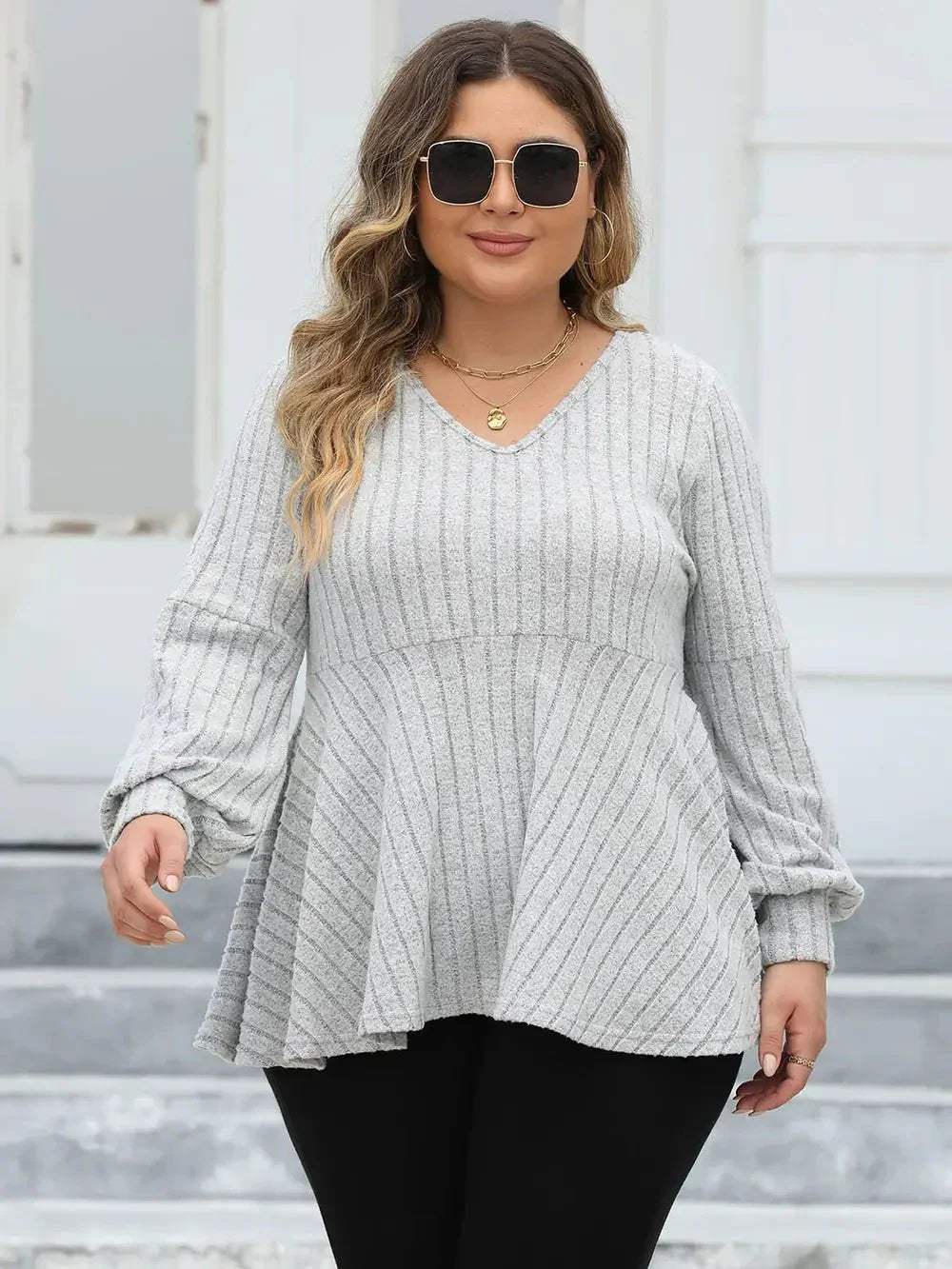Plus Size Ribbed V - Neck Long Sleeve Blouse - VILLA FASHION