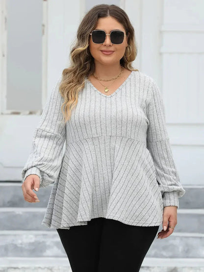 Plus Size Ribbed V - Neck Long Sleeve Blouse - VILLA FASHION