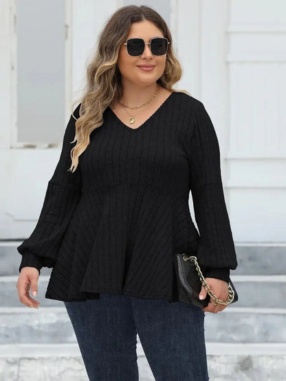 Plus Size Ribbed V - Neck Long Sleeve Blouse - VILLA FASHION