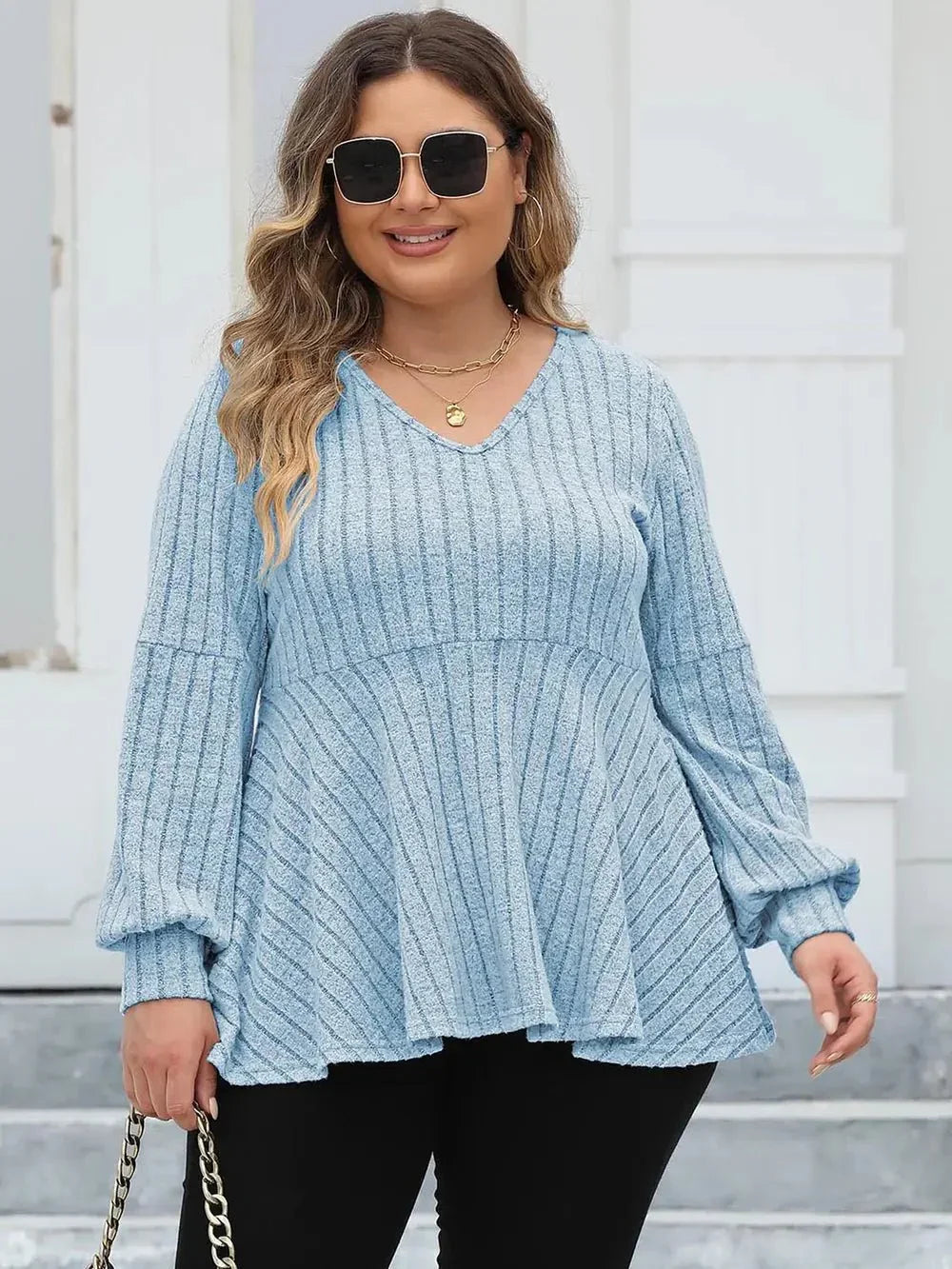 Plus Size Ribbed V - Neck Long Sleeve Blouse - VILLA FASHION