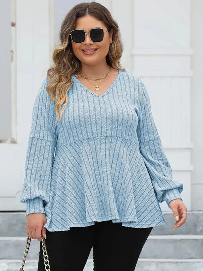 Plus Size Ribbed V - Neck Long Sleeve Blouse - VILLA FASHION