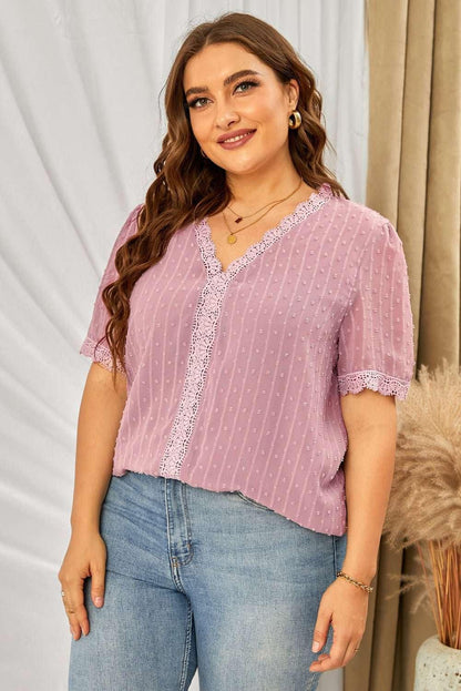 Plus Size Swiss Dot Spliced Lace V - Neck Blouse - VILLA FASHION