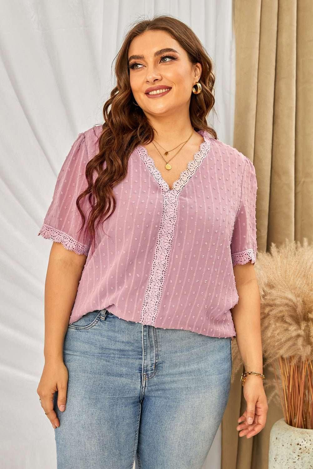 Plus Size Swiss Dot Spliced Lace V - Neck Blouse - VILLA FASHION