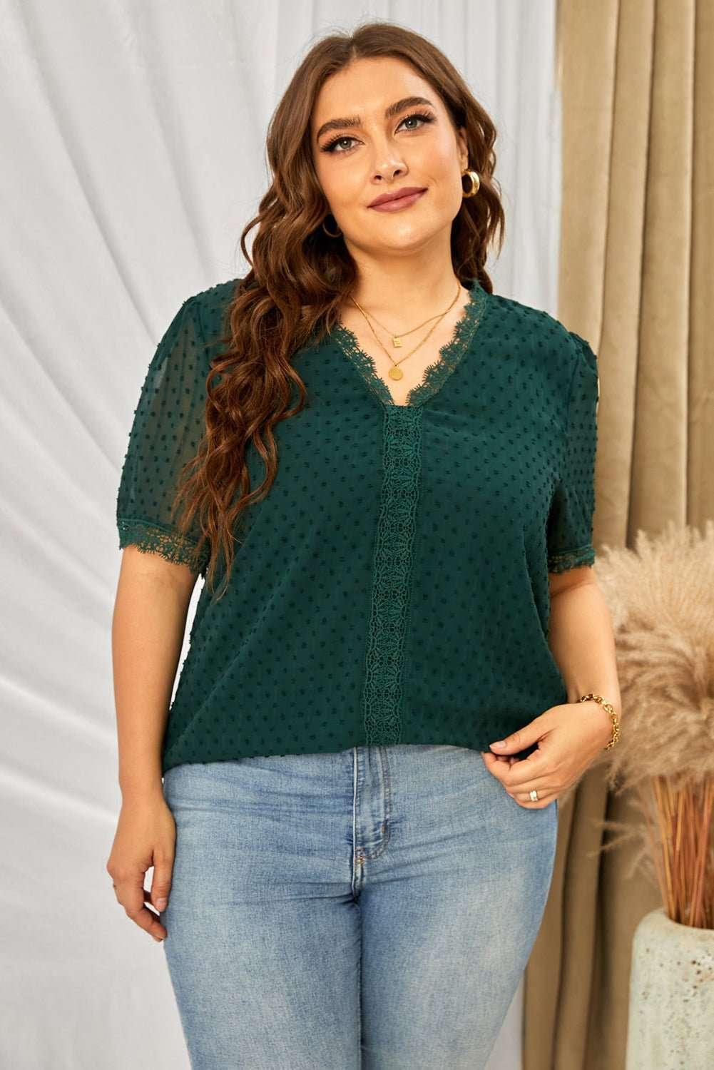 Plus Size Swiss Dot Spliced Lace V - Neck Blouse - VILLA FASHION