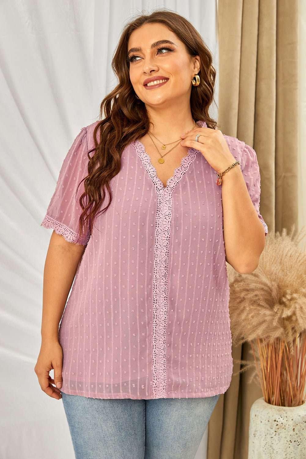 Plus Size Swiss Dot Spliced Lace V - Neck Blouse - VILLA FASHION
