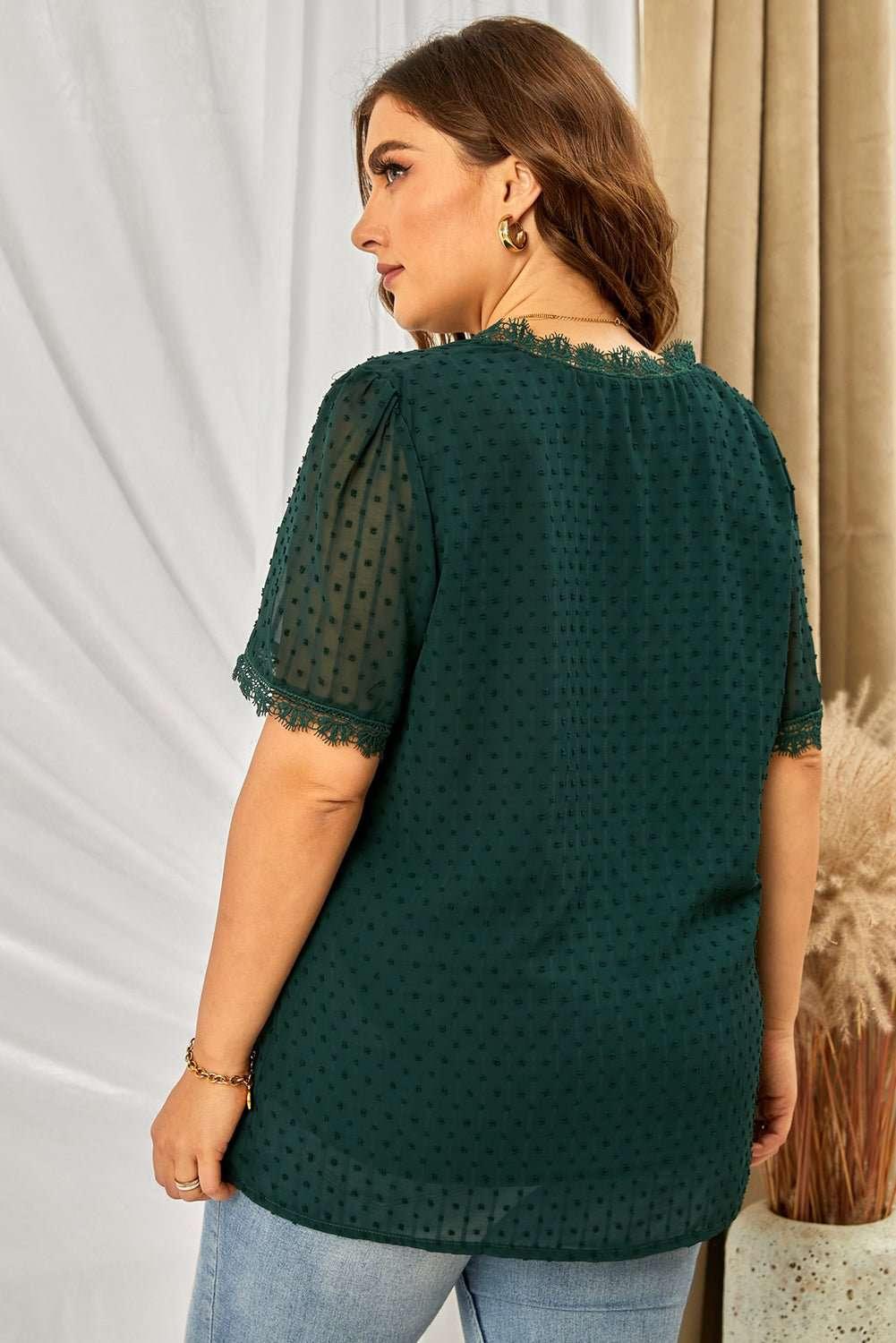 Plus Size Swiss Dot Spliced Lace V - Neck Blouse - VILLA FASHION