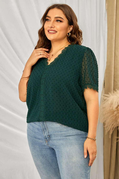 Plus Size Swiss Dot Spliced Lace V - Neck Blouse - VILLA FASHION