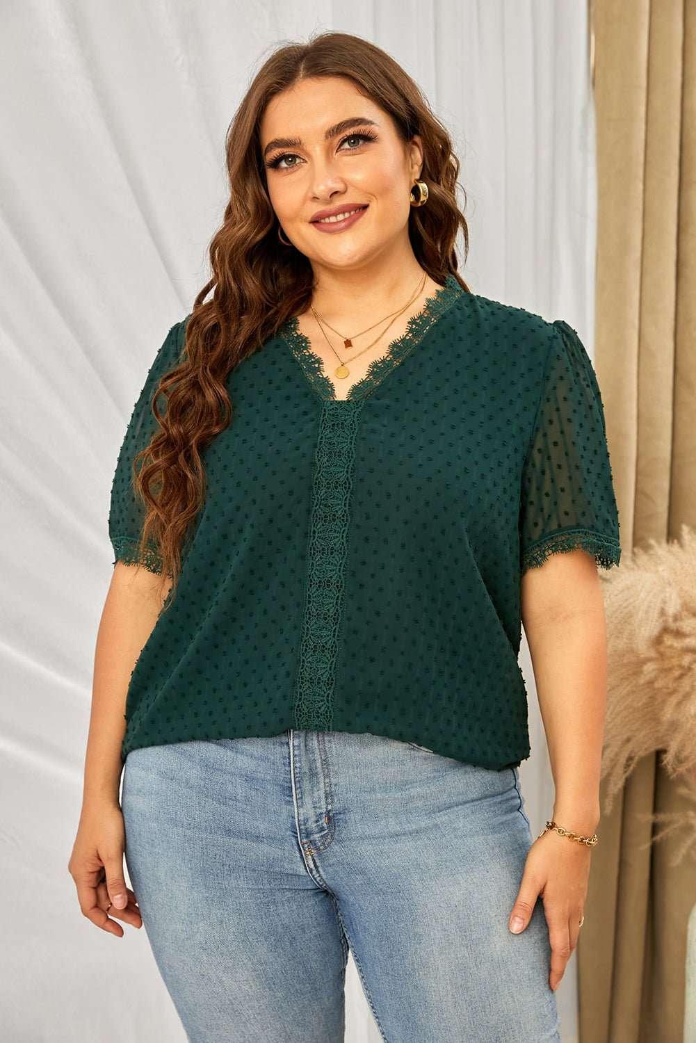 Plus Size Swiss Dot Spliced Lace V - Neck Blouse - VILLA FASHION