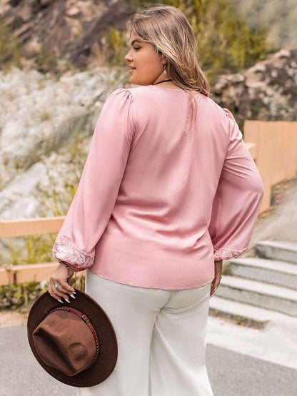 Plus Size Tie Neck Puff Sleeve Blouse - VILLA FASHION