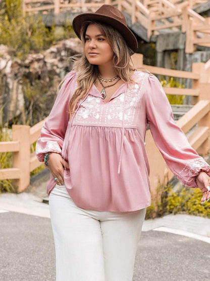 Plus Size Tie Neck Puff Sleeve Blouse - VILLA FASHION
