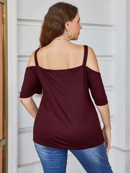 Plus Size V - Neck Cold - Shoulder Blouse - VILLA FASHION