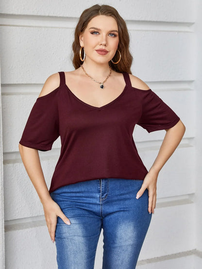 Plus Size V - Neck Cold - Shoulder Blouse - VILLA FASHION
