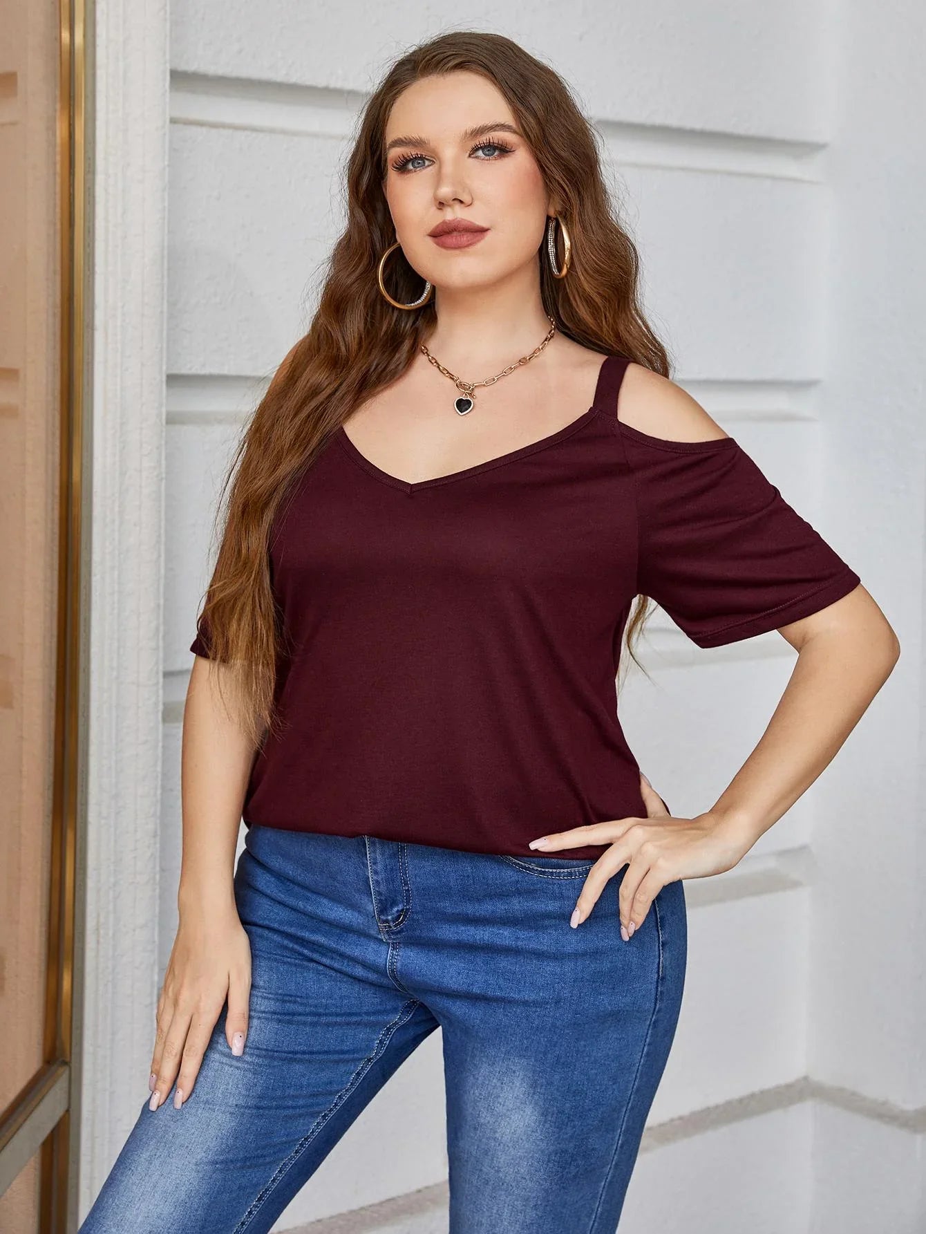 Plus Size V - Neck Cold - Shoulder Blouse - VILLA FASHION