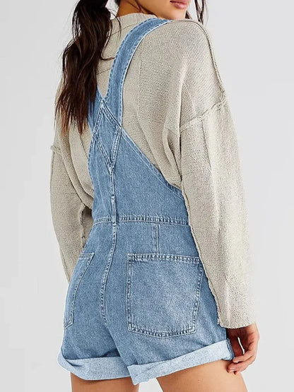 Pocketed Square Neck Wide Strap Denim Overalls - VILLA FASHION