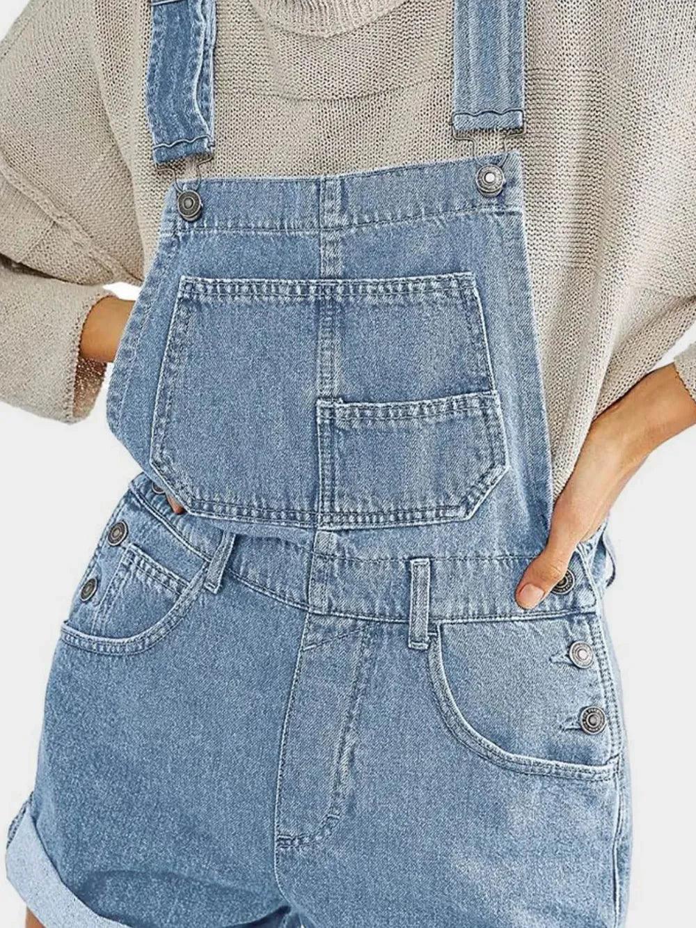 Pocketed Square Neck Wide Strap Denim Overalls - VILLA FASHION