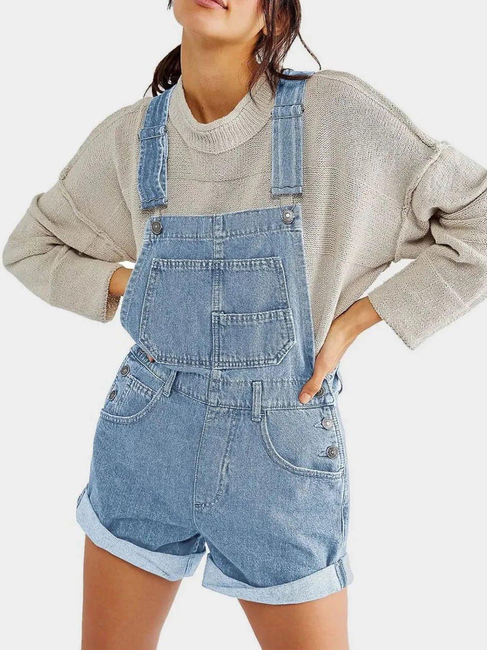 Pocketed Square Neck Wide Strap Denim Overalls - VILLA FASHION