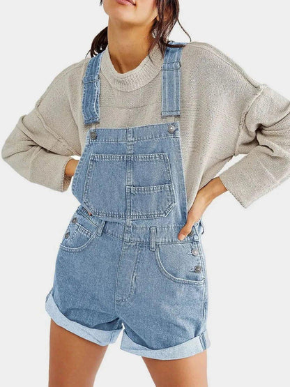 Pocketed Square Neck Wide Strap Denim Overalls - VILLA FASHION