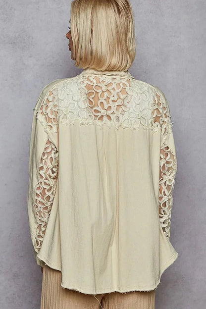POL Button Down Raw Edg Shirt with Pearl Lace Patch - VILLA FASHION