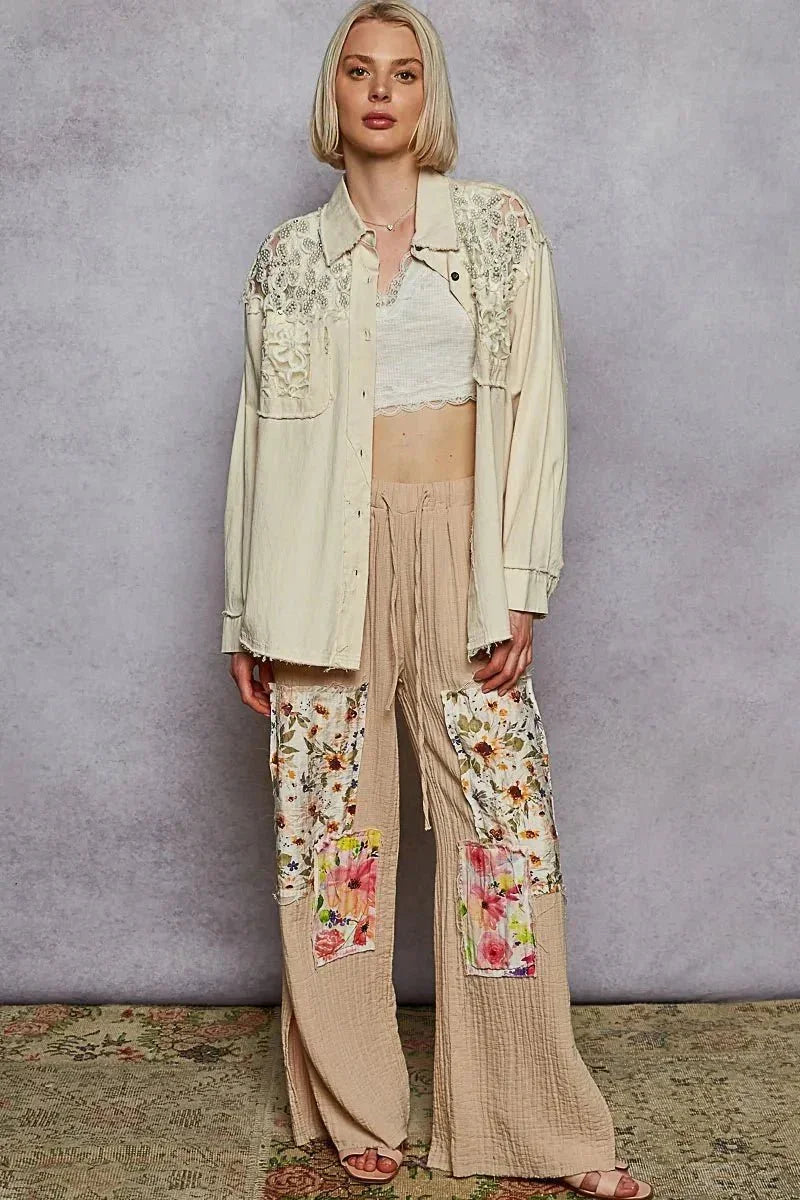 POL Button Down Raw Edg Shirt with Pearl Lace Patch - VILLA FASHION