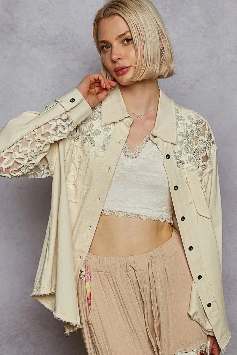 POL Button Down Raw Edg Shirt with Pearl Lace Patch - VILLA FASHION