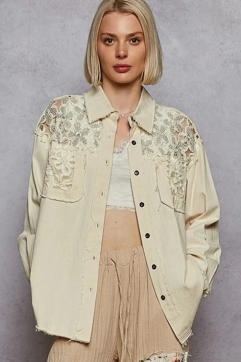 POL Button Down Raw Edg Shirt with Pearl Lace Patch - VILLA FASHION