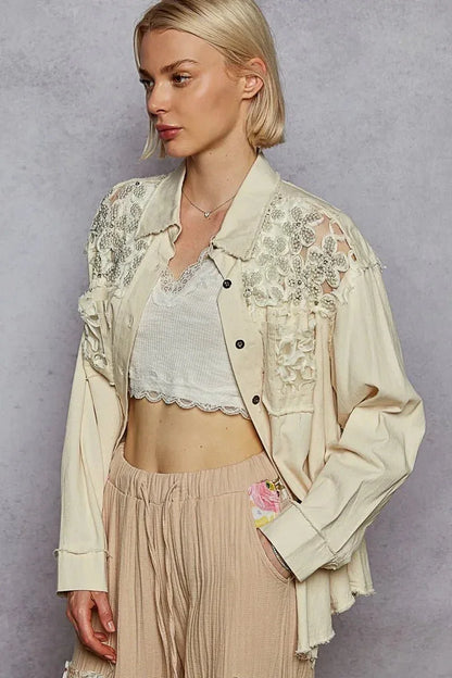 POL Button Down Raw Edg Shirt with Pearl Lace Patch - VILLA FASHION