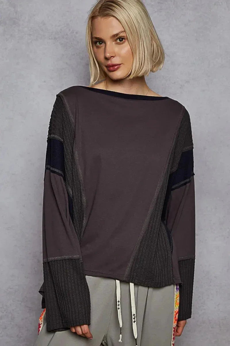 POL Contrast Round Neck Long Sleeve T-Shirt - VILLA FASHION