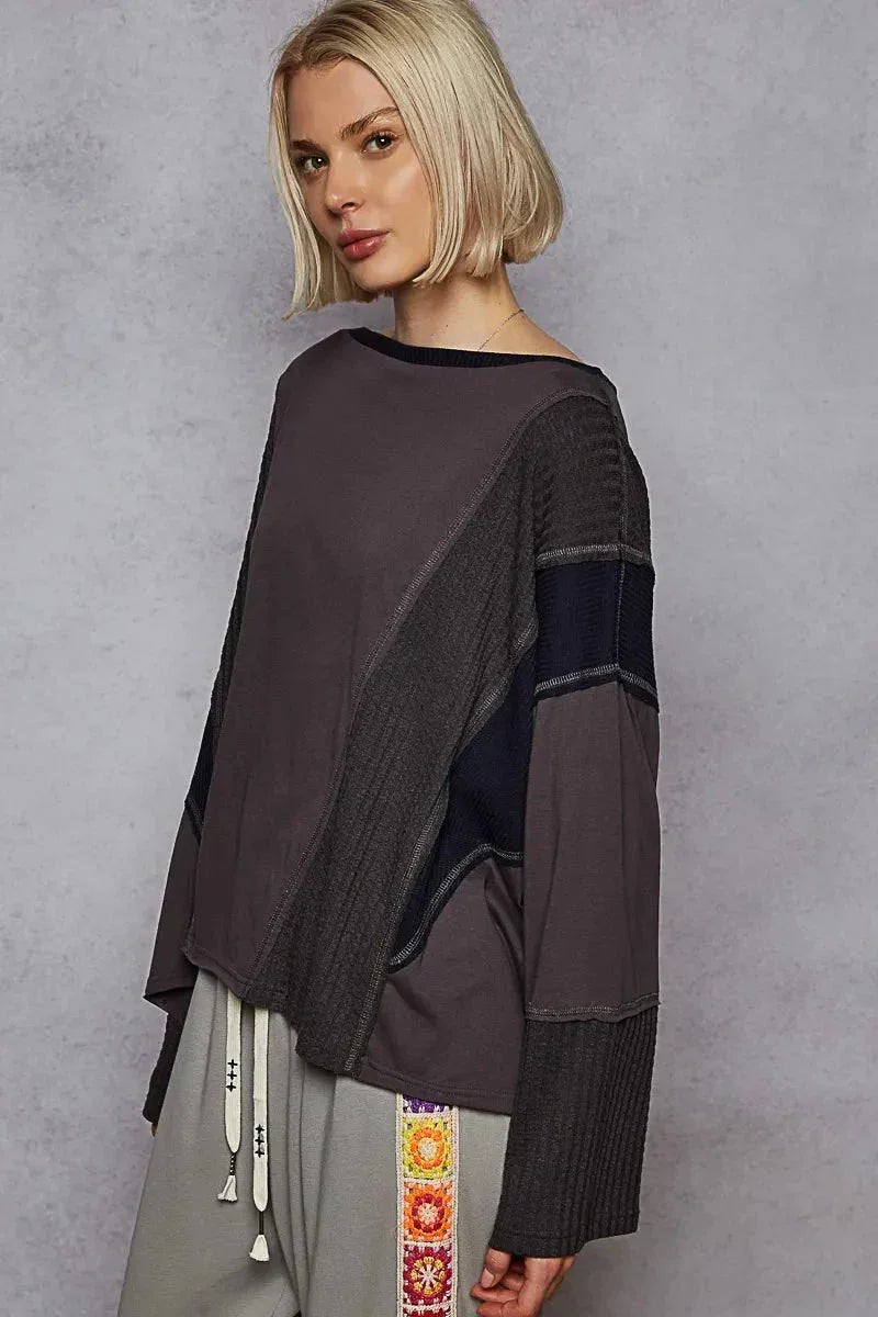 POL Contrast Round Neck Long Sleeve T-Shirt - VILLA FASHION