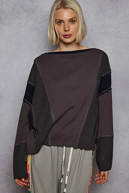 POL Contrast Round Neck Long Sleeve T-Shirt - VILLA FASHION