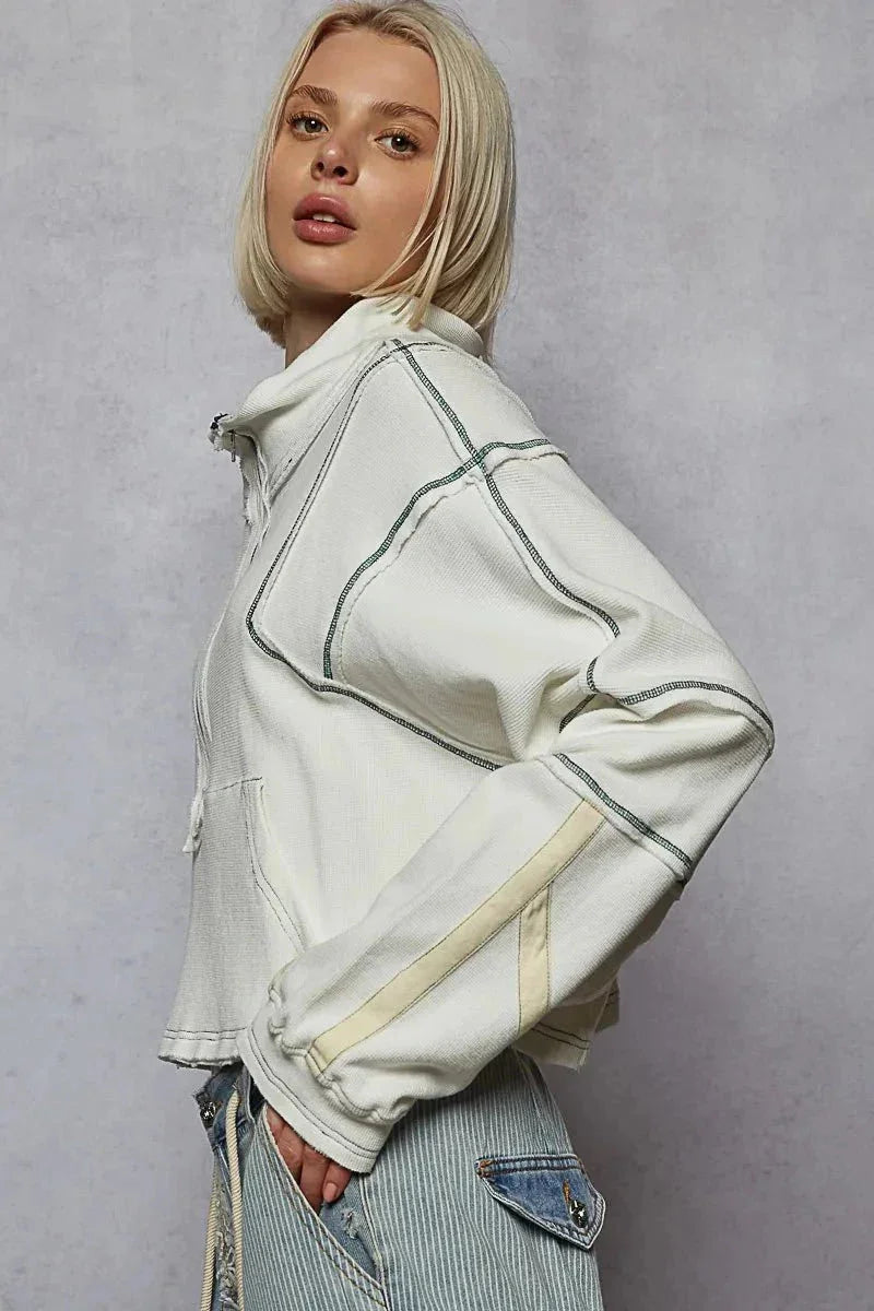 POL Contrast Stitching Zip Front Sweatshirt - VILLA FASHION