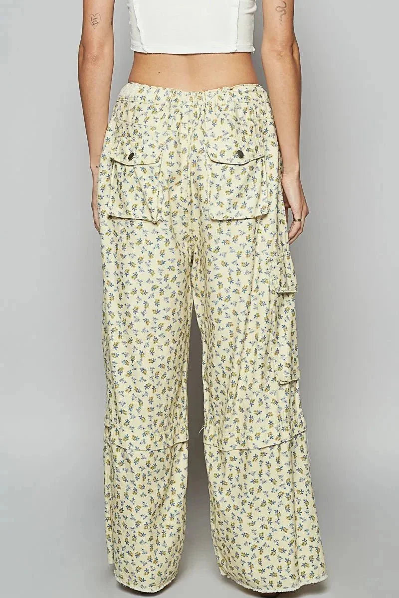 POL Floral Cargo Wide Leg Pants with Lace Drawstring - VILLA FASHION