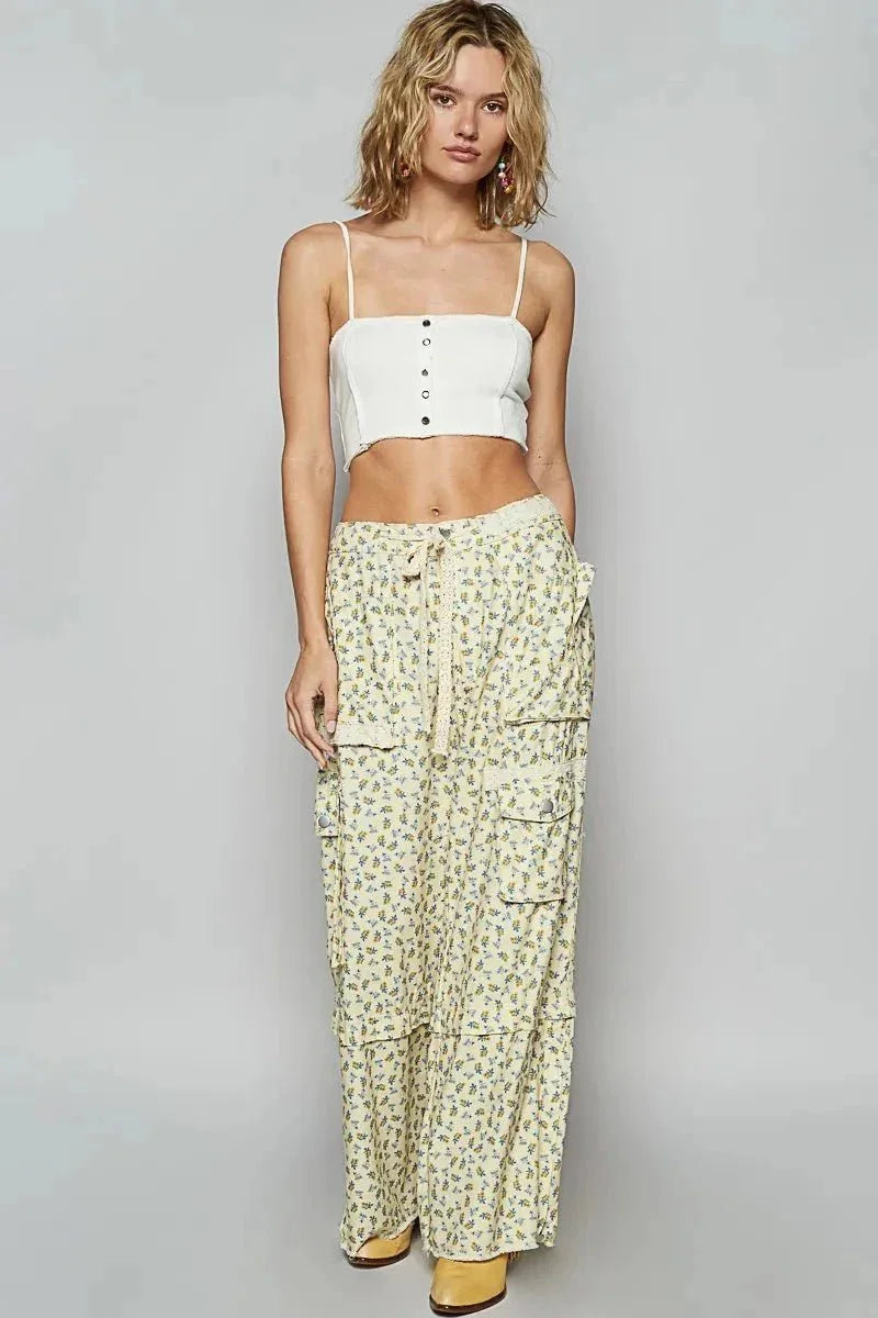 POL Floral Cargo Wide Leg Pants with Lace Drawstring - VILLA FASHION