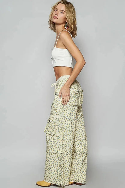 POL Floral Cargo Wide Leg Pants with Lace Drawstring - VILLA FASHION