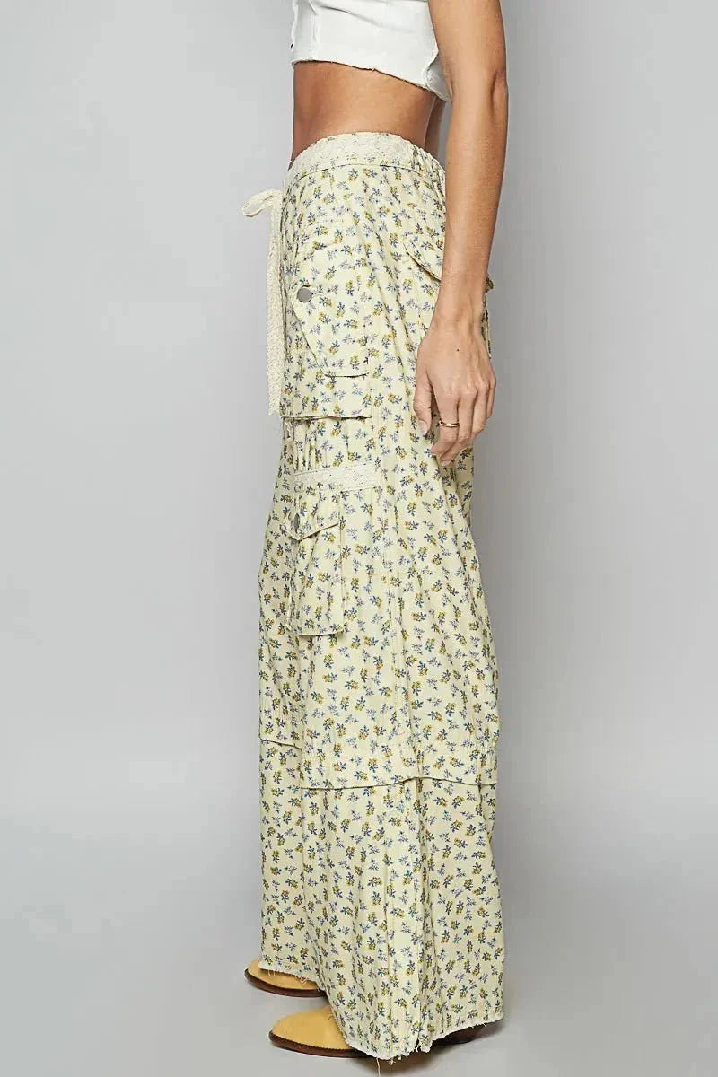 POL Floral Cargo Wide Leg Pants with Lace Drawstring - VILLA FASHION