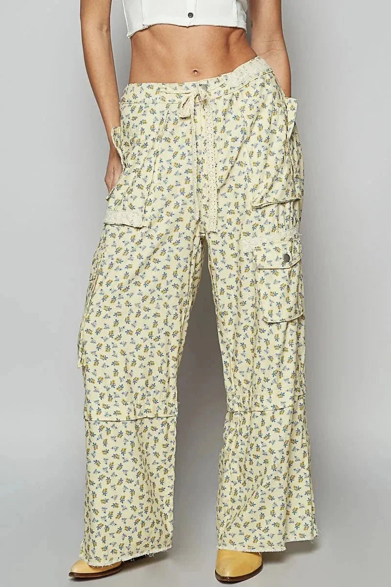 POL Floral Cargo Wide Leg Pants with Lace Drawstring - VILLA FASHION