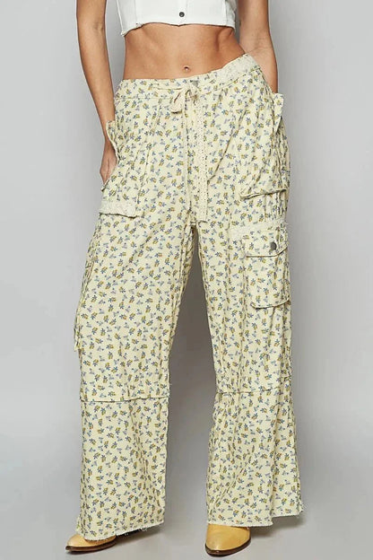 POL Floral Cargo Wide Leg Pants with Lace Drawstring - VILLA FASHION
