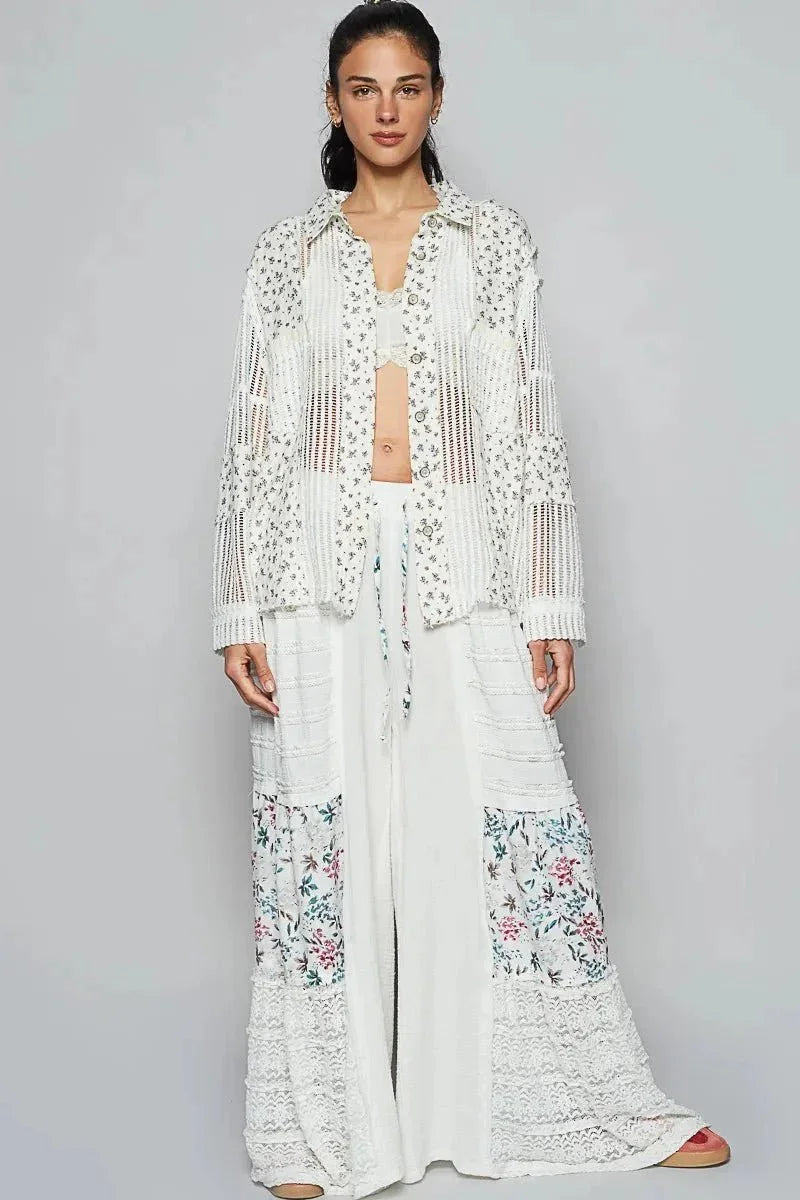 POL Floral Crochet Patchwork Long Sleeve Shirt - VILLA FASHION